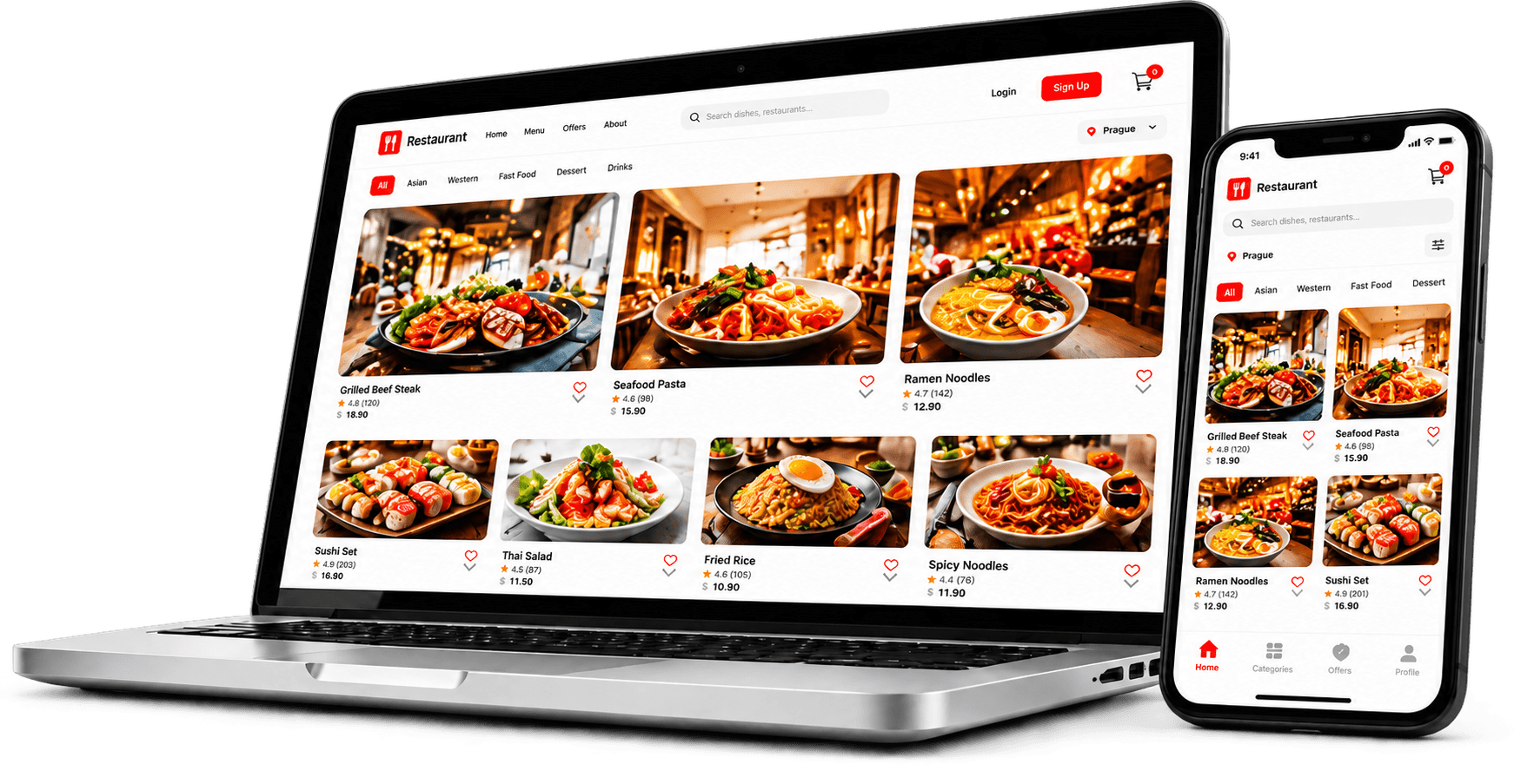 Mockup website nhà hàng hiển thị trên laptop và điện thoại